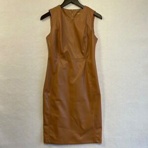 Calvin Klein Womens Tan Faux Leather Sleeveless Sheath Dress Size 4 Gold Zipper